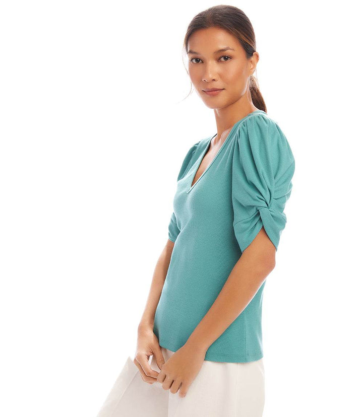 Ribbed Twist Sleeve V-Neck Top