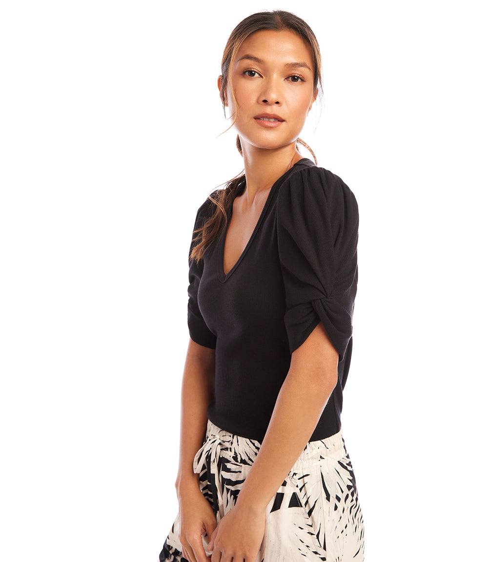 Ribbed Twist Sleeve V-Neck Top