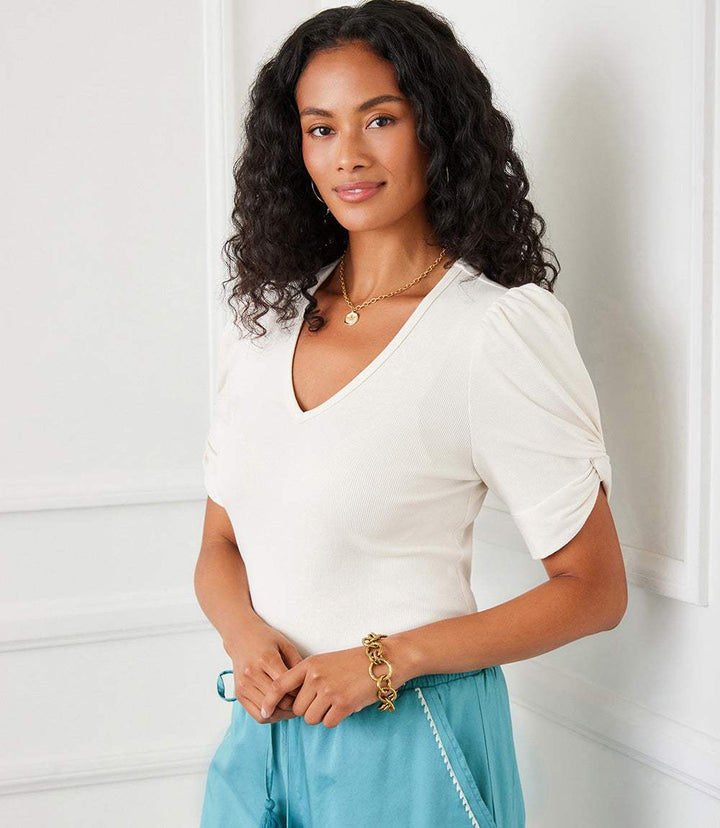 Petite size ribbed twist sleeve V-neck top with puff sleeves in white cotton blend
