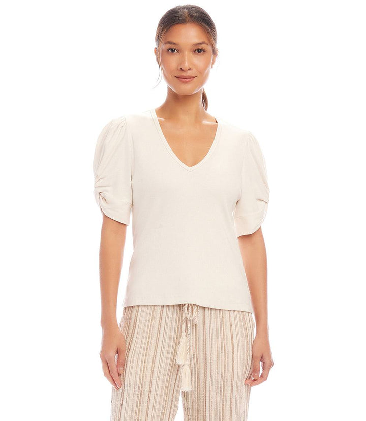 Ribbed Twist Sleeve V-Neck Top