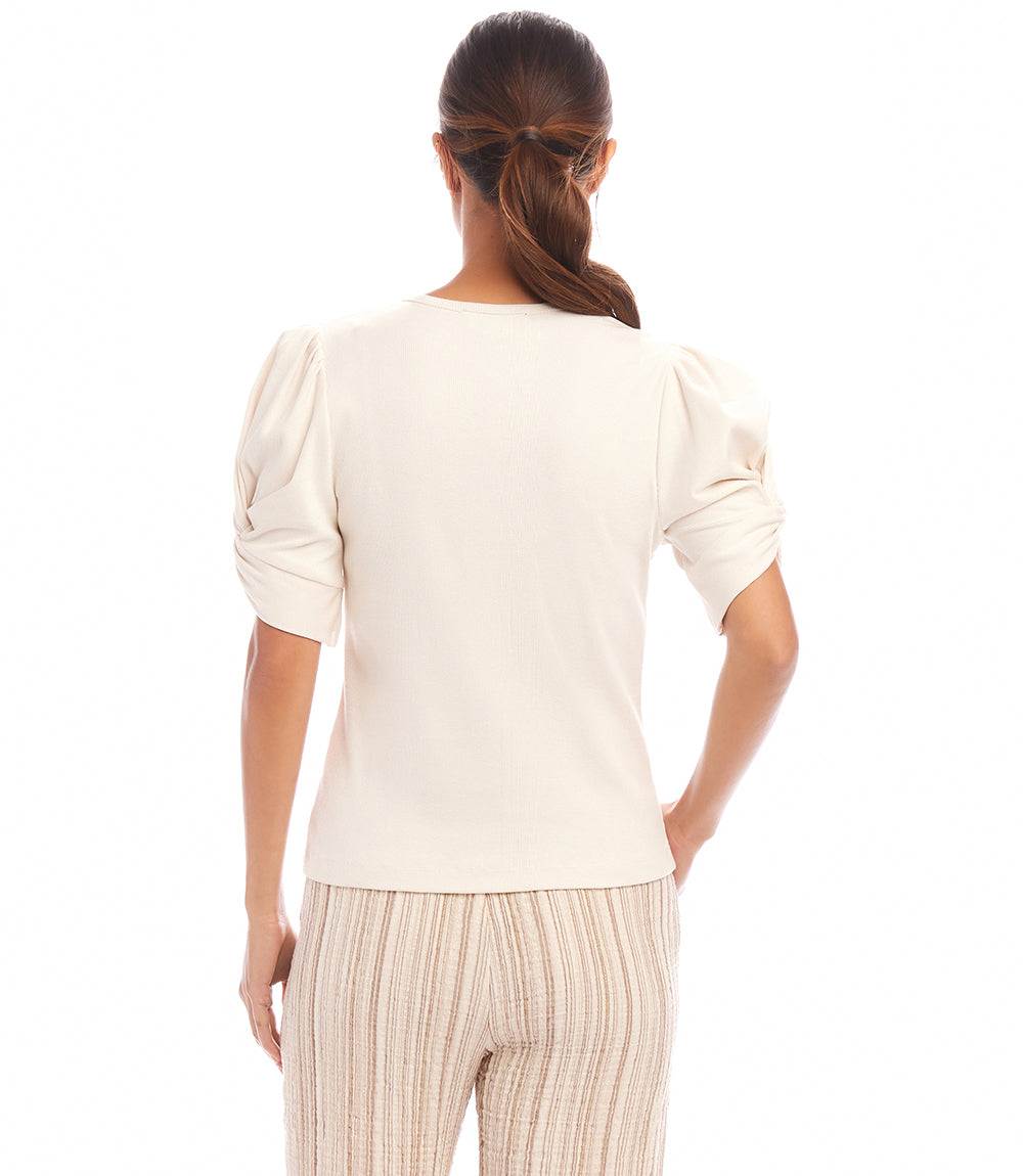Ribbed Twist Sleeve V-Neck Top