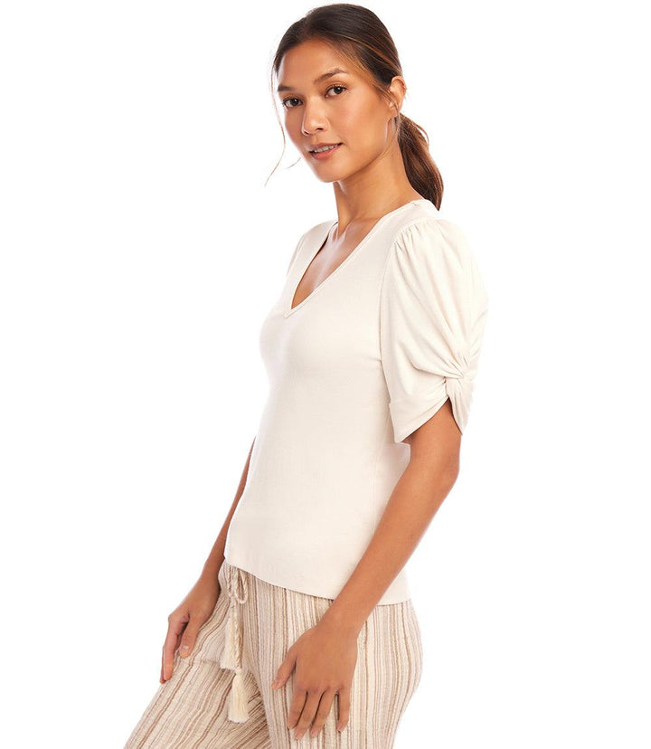 Ribbed Twist Sleeve V-Neck Top