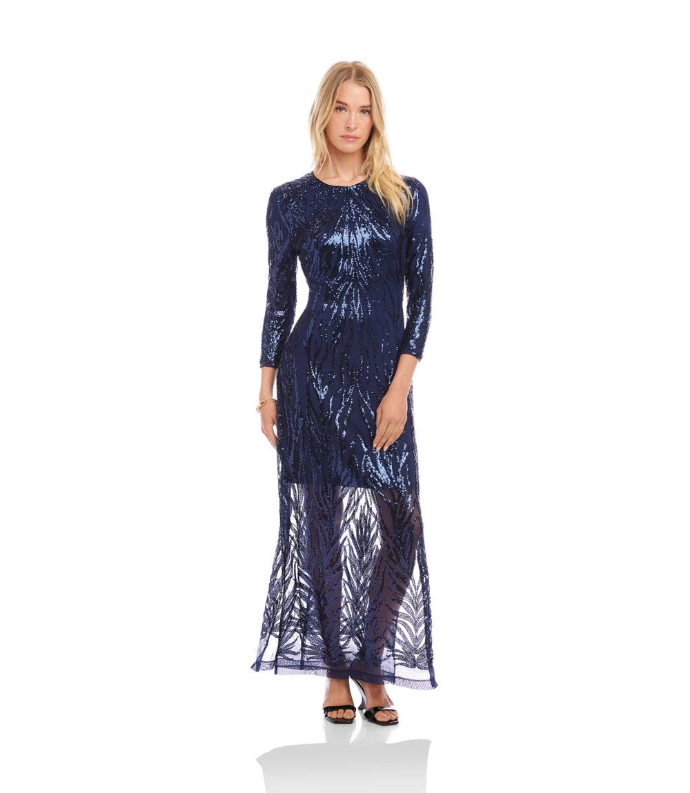 karen kane sequin swing dress Karen Kane Women's Sequin Long Sleeve Evening Gown - Blue