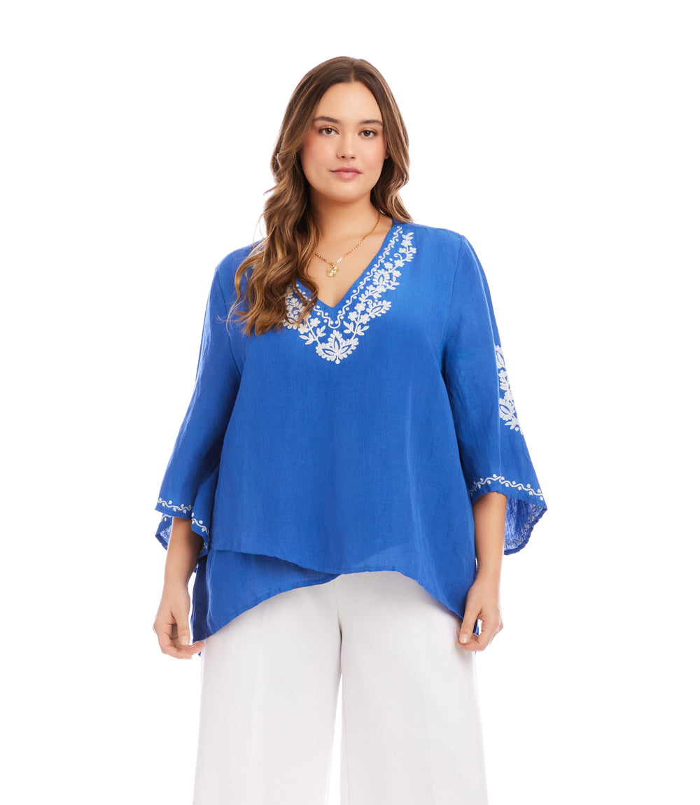 Plus Size Bracelet Sleeve Embroidered Asymmetric Top – Karen Kane