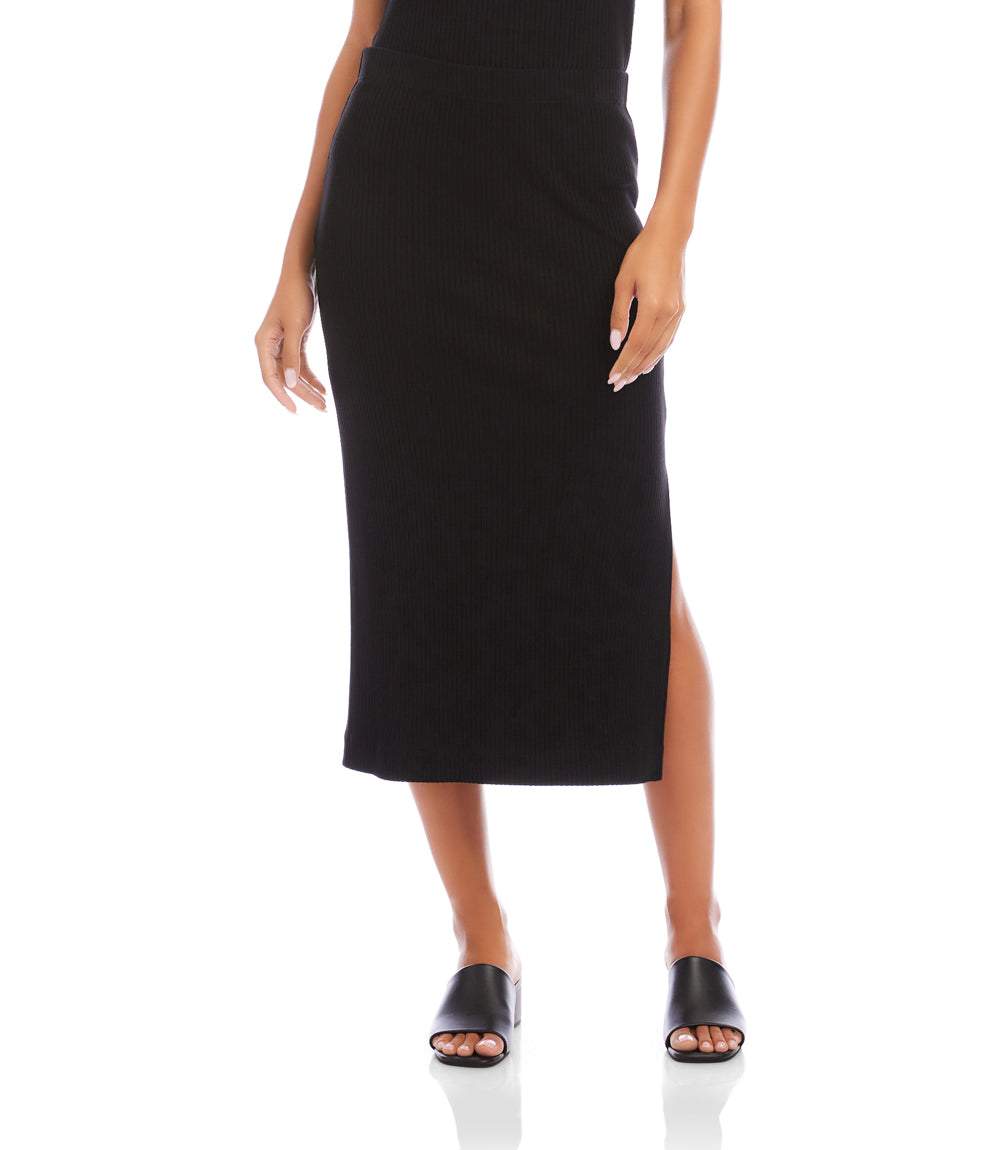 Ribbed Side-Slit Midi Skirt - Versatile Knit Essential for