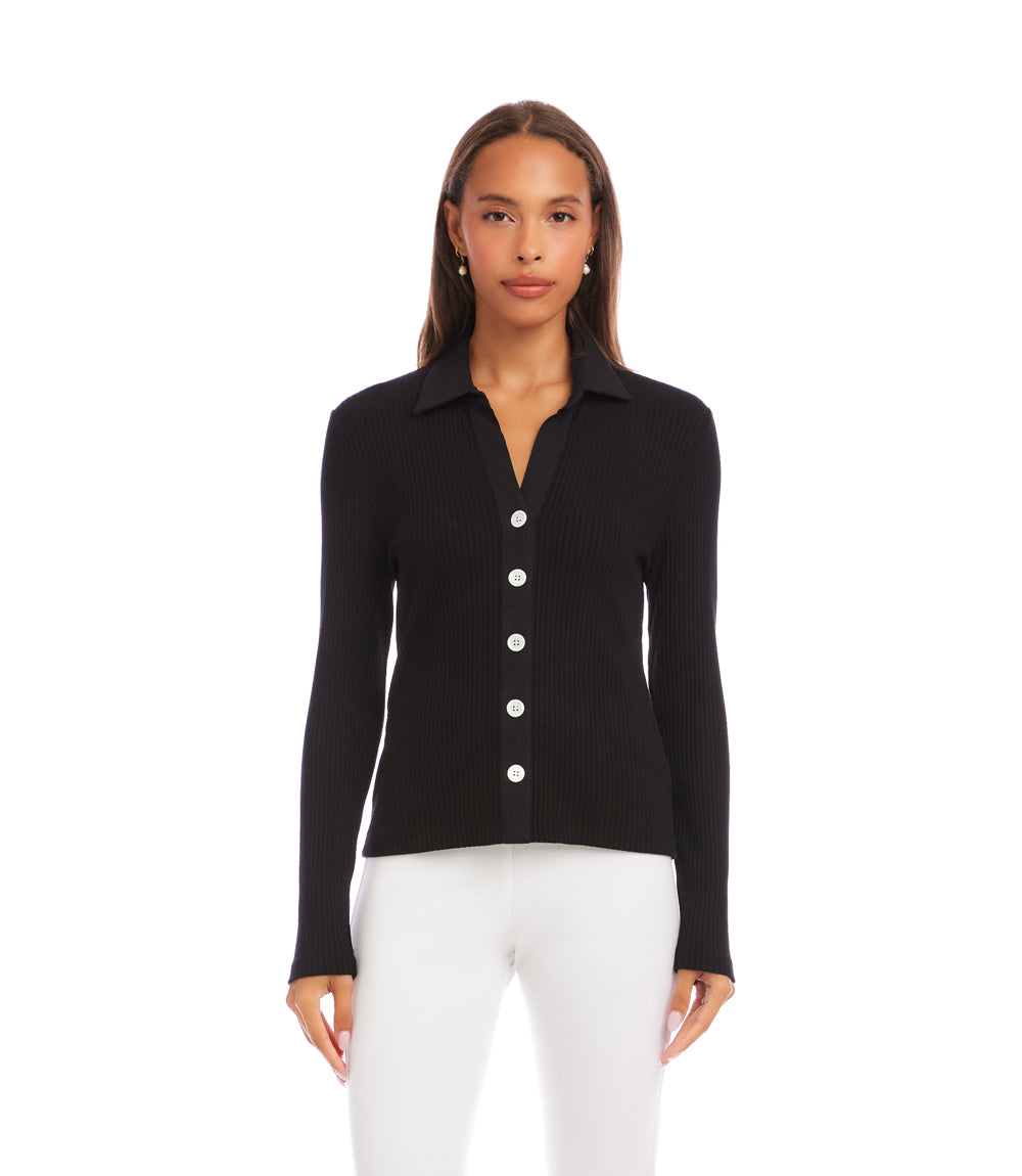 Ribbed Long Sleeve Button Front Top
