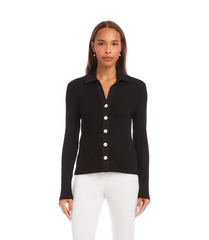 Ribbed Long Sleeve Button Front Top