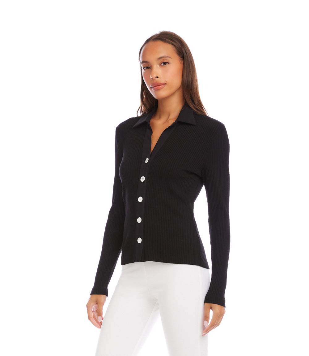 Ribbed Long Sleeve Button Front Top - Stylish & Comfortable Fit