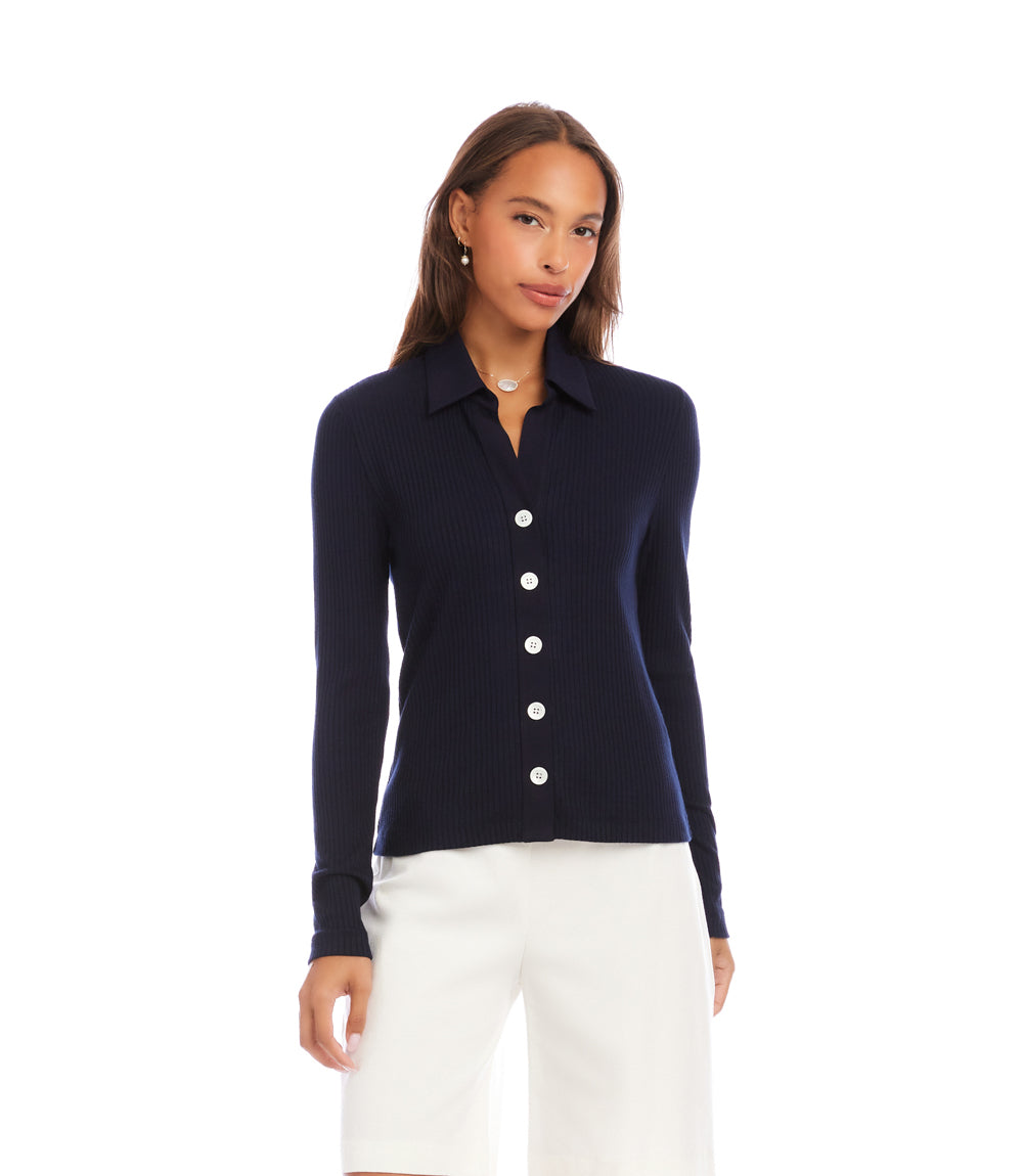 Ribbed Long Sleeve Button Front Top