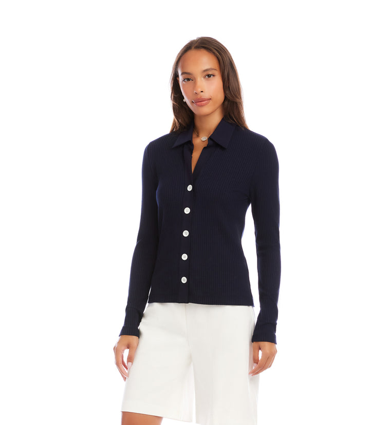 Ribbed Long Sleeve Button Front Top