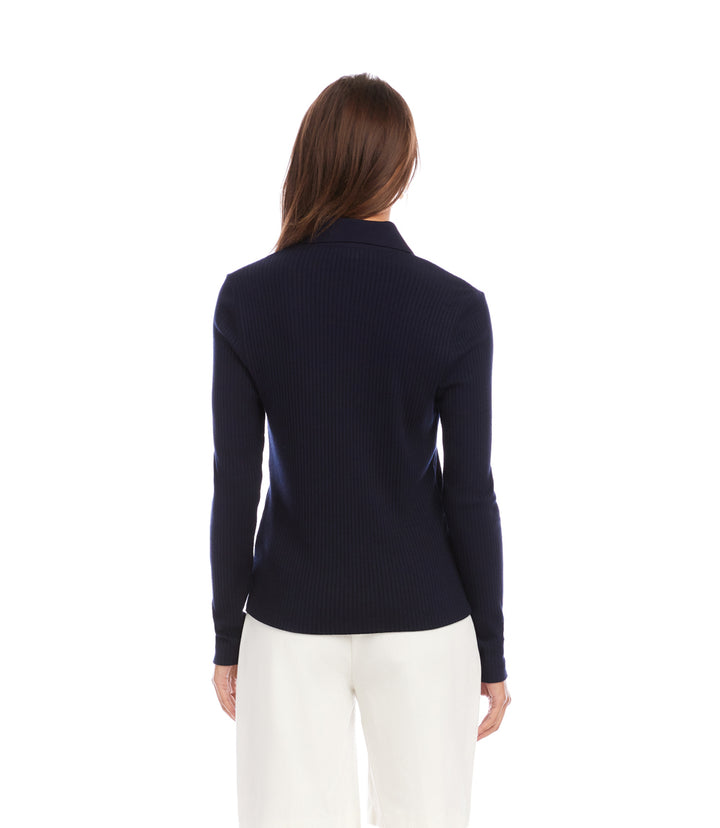 Ribbed Long Sleeve Button Front Top