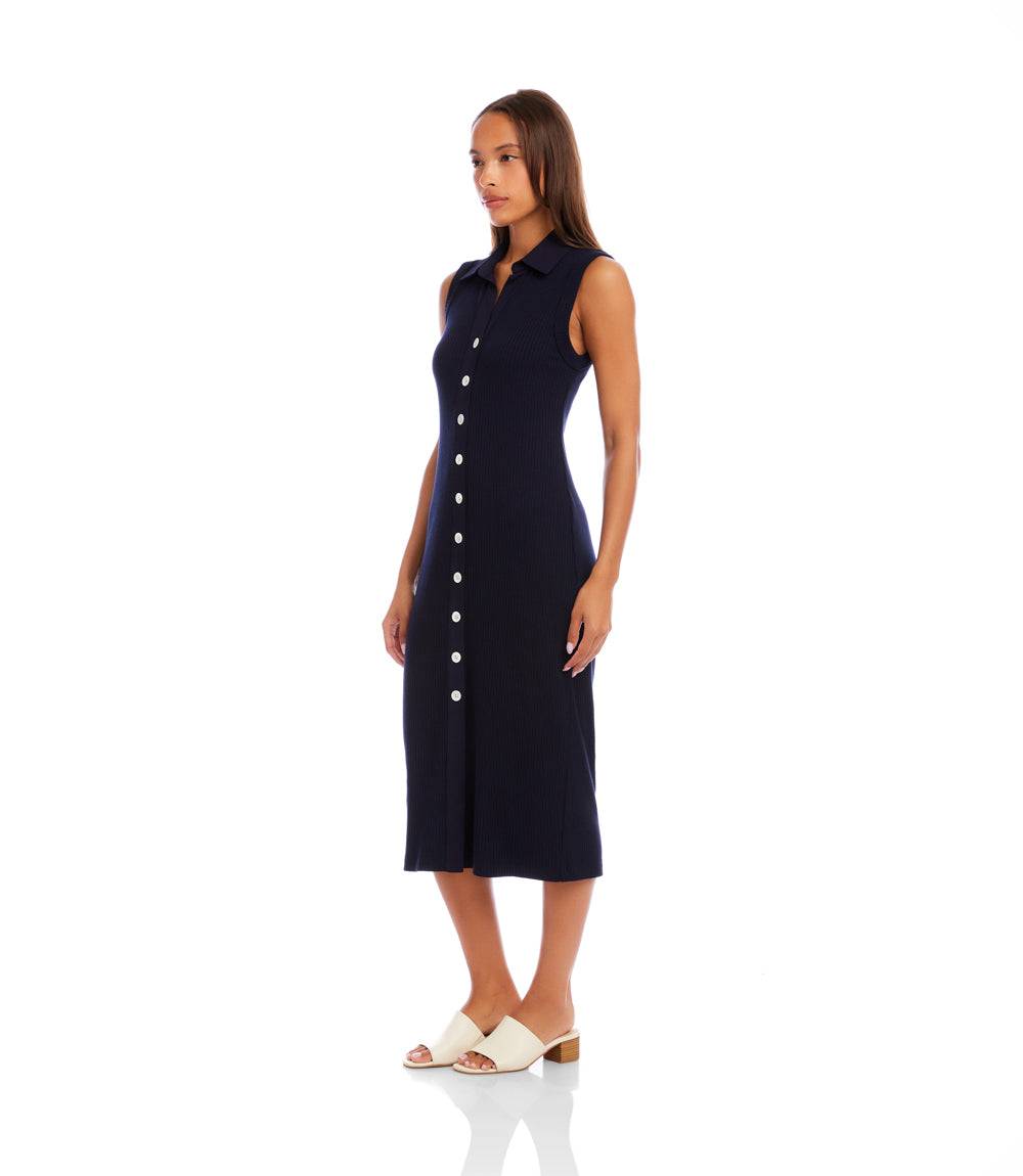 ribbed stretch knit button midi dress Ribbed Stretch Knit Button Midi Dress in BLACK - Sale