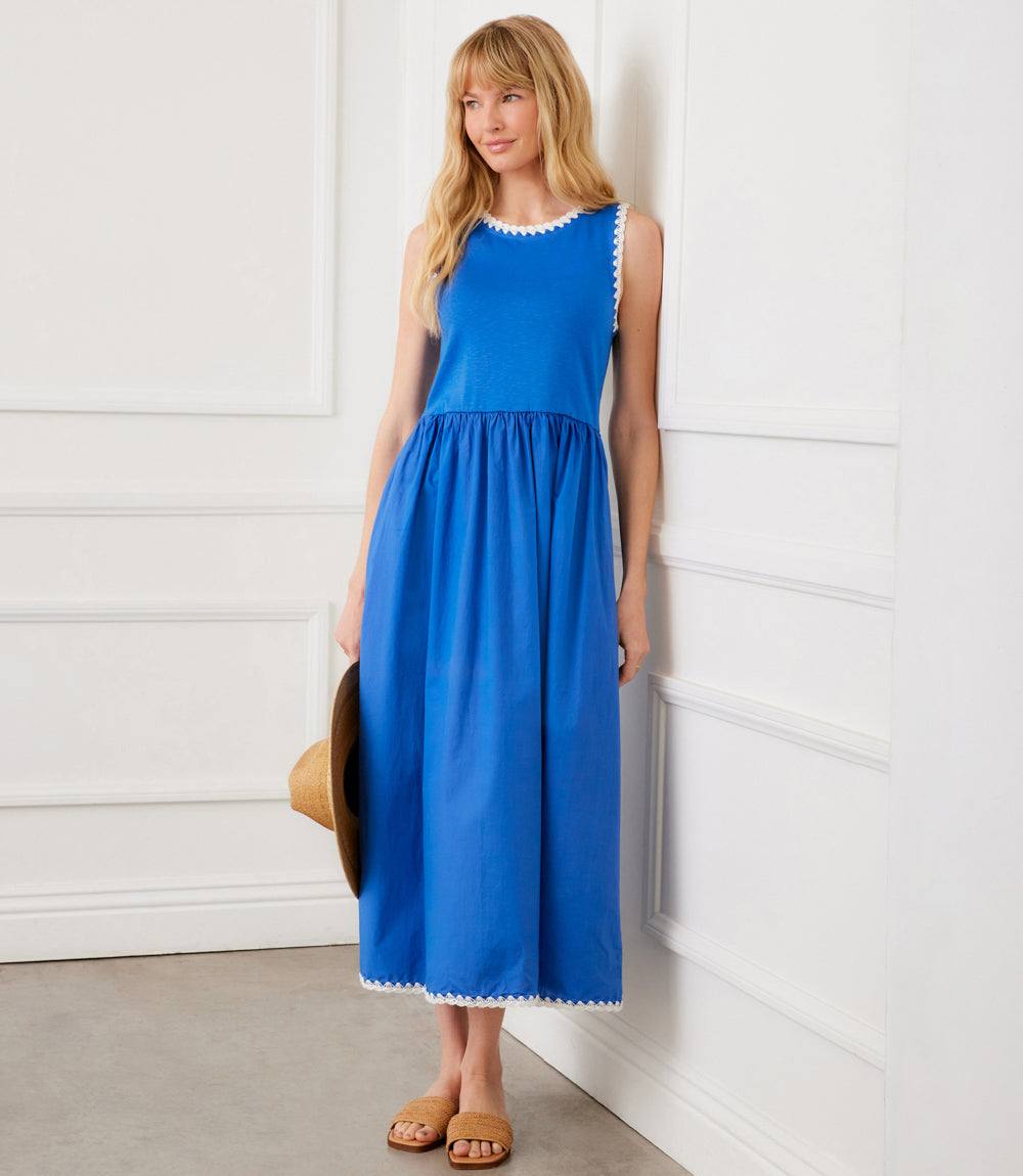 Karen Kane Sleeveless Edge Stitch Contrast Midi Dress - Blue Karen Kane Sleeveless Edge Stitch Contrast Midi Dress - Blue