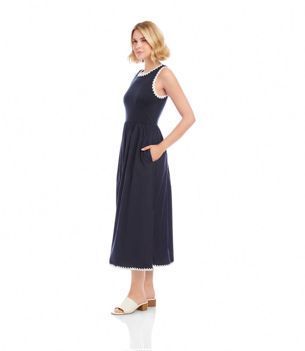 midi or knee length dresses Karen Kane Sleeveless Edge Stitch Contrast Dress - Navy Gender/Age:Women's With a flattering v Short Structured Dress Short Size Options:Adult (MAX BUST 40 IN)