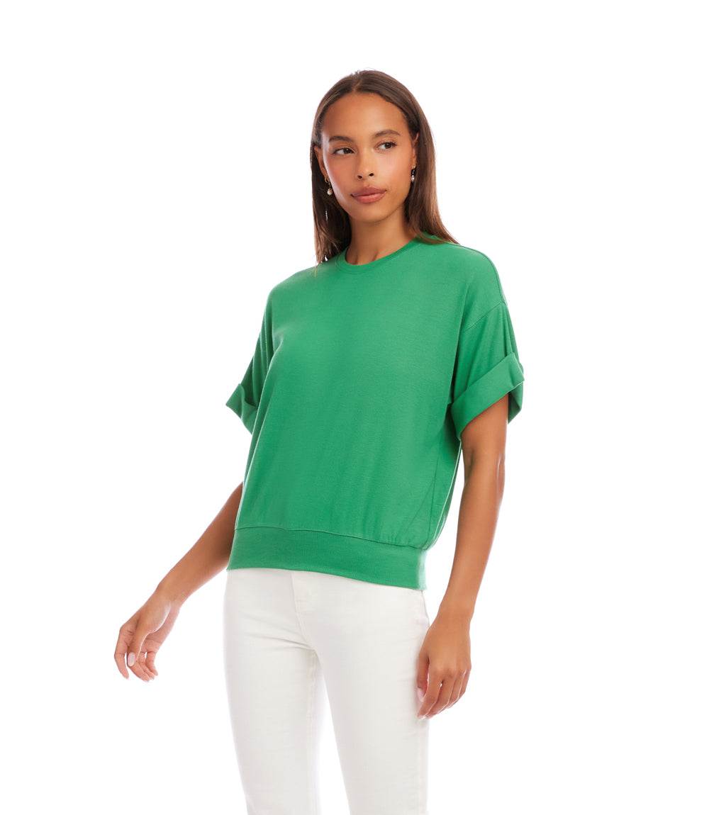 Ribbed Cuffed Sleeve Top - Relaxed Fit with Drop Shoulders | Style