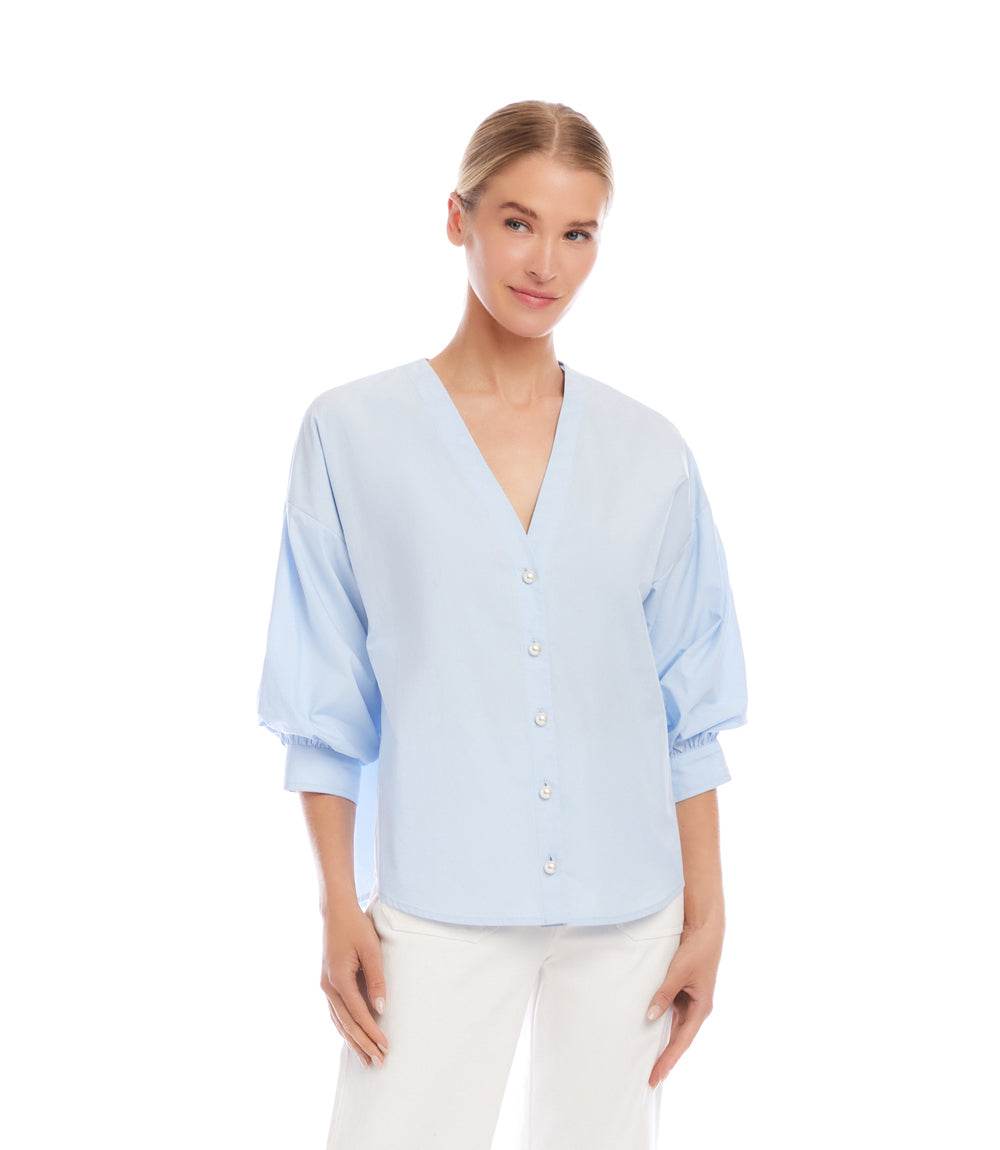 Lantern Sleeve Pearl Button Top - Feminine Cotton-Blend Design – Karen Kane