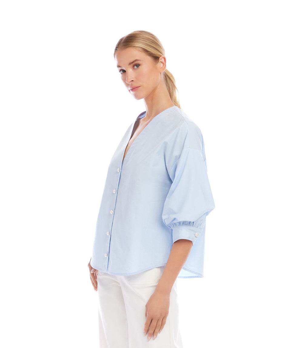 Lantern Sleeve Pearl Button Top - Feminine Cotton-Blend Design – Karen Kane