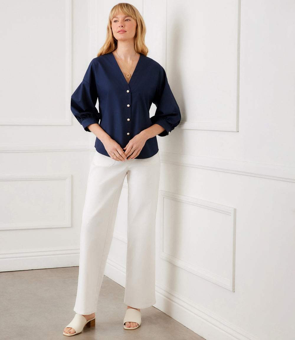Lantern Sleeve Pearl Button Top - Elegant Cotton Blouse for All