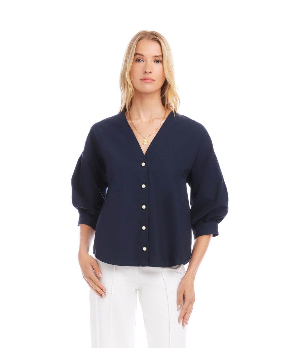 ライト・ランタン LOV LANTERN SLEEVE Lantern Sleeve Pearl Button Top - Elegant Cotton Blouse for All