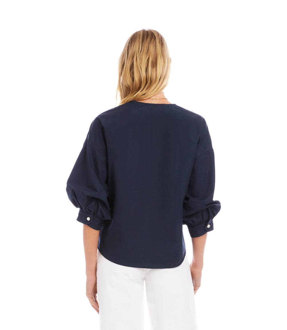 Lantern Sleeve Pearl Button Top - Elegant Cotton Blouse for All