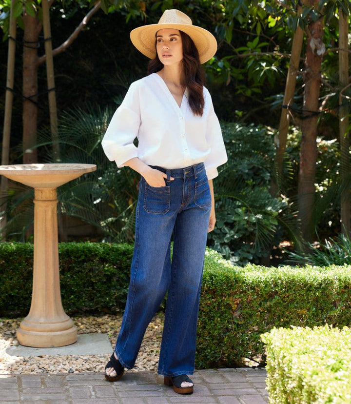 Lantern Sleeve Pearl Button Top