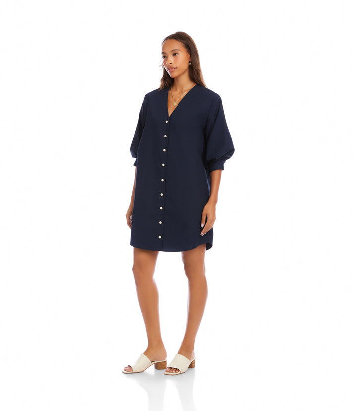 Lantern Sleeve Pearl Button Dress