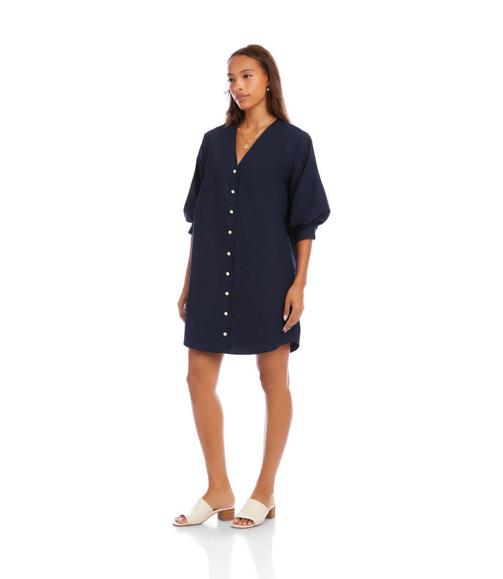 Lantern Sleeve Pearl Button Dress - Feminine Cotton Poplin Style