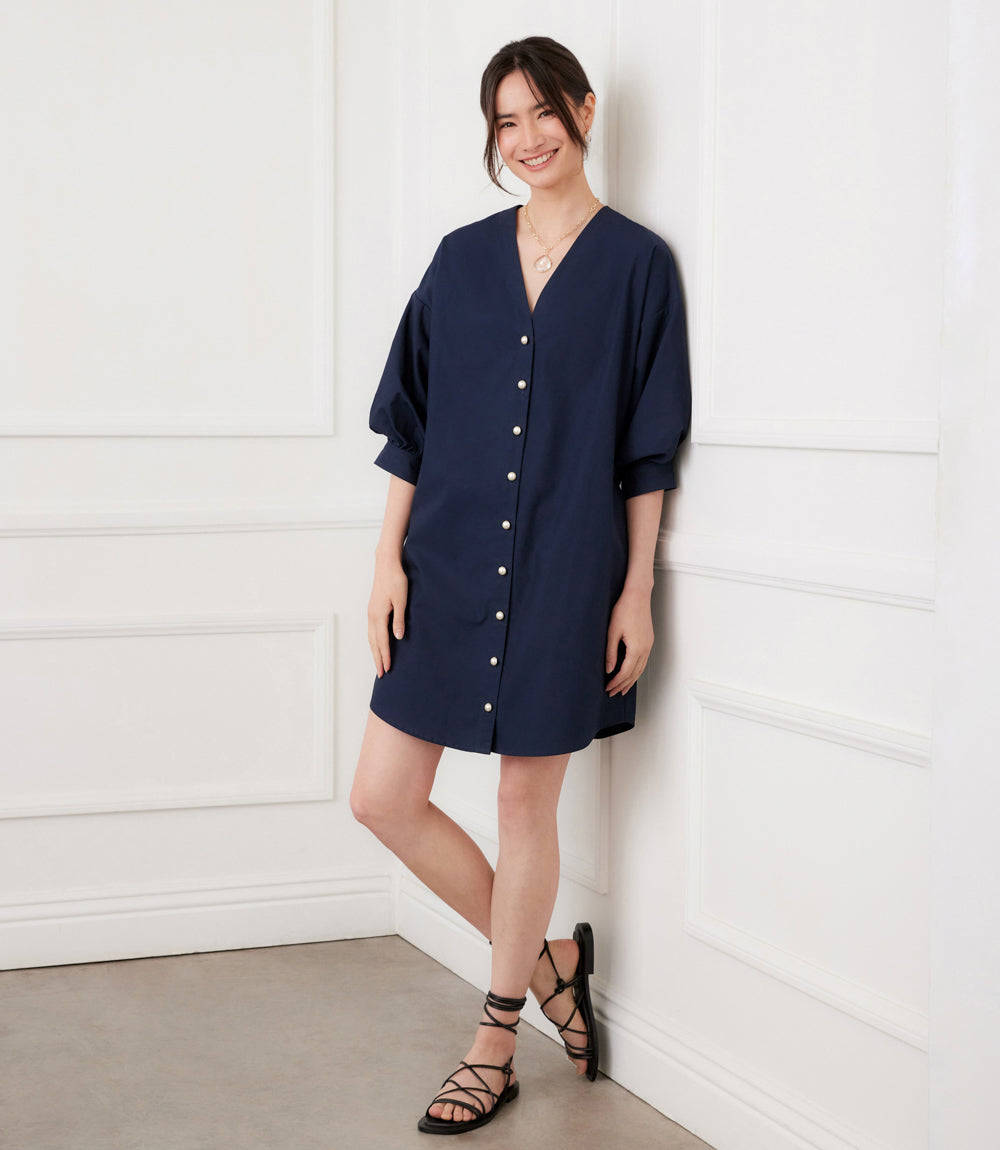 Lantern Sleeve Pearl Button Dress