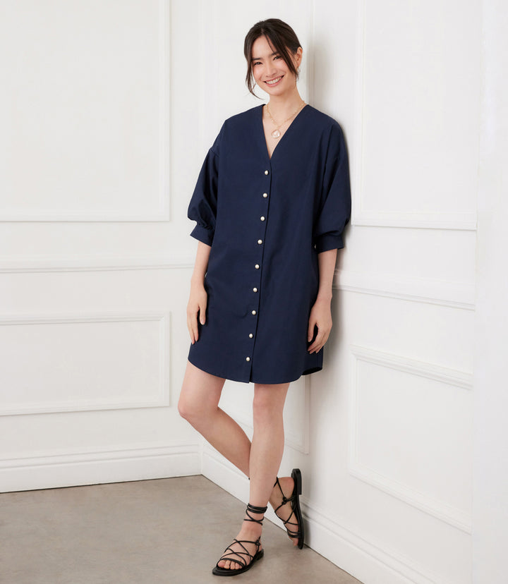 Lantern Sleeve Pearl Button Dress
