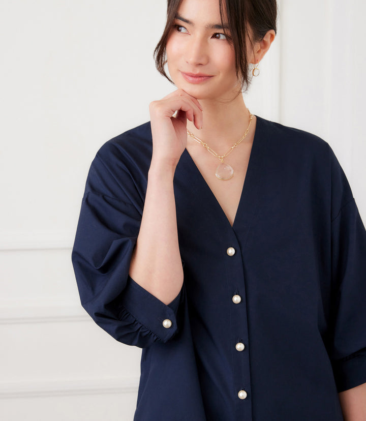 Lantern Sleeve Pearl Button Dress