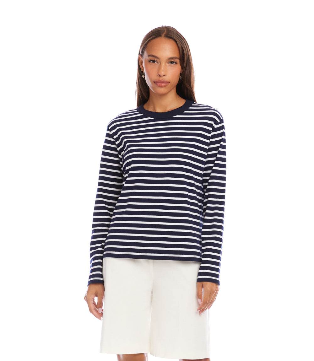 Stripe Long Sleeve Top - Classic Cotton Knit with Horizontal