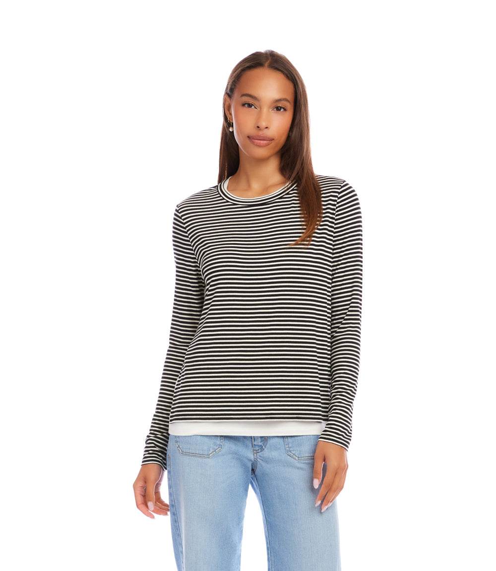 Long Sleeve Stripe Double Layer Side-Slit Top - Comfortable