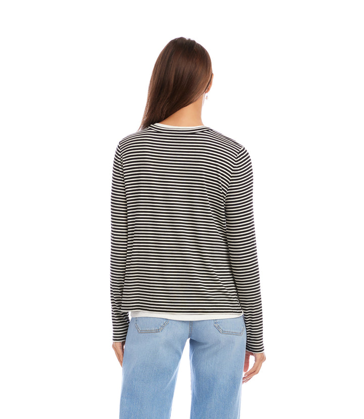 Long Sleeve Stripe Double Layer Side-Slit Top