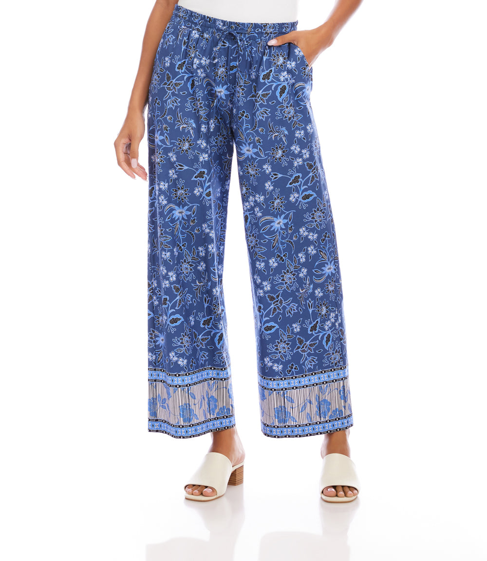 Drawstring Border Print Cropped Pants