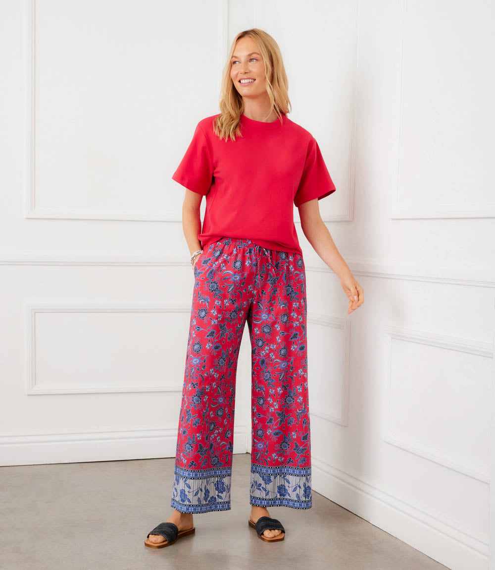 Drawstring Border Print Cropped Pants