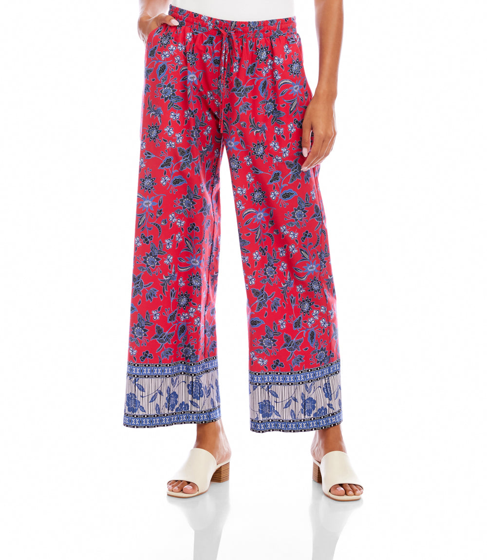 Drawstring Border Print Cropped Pants