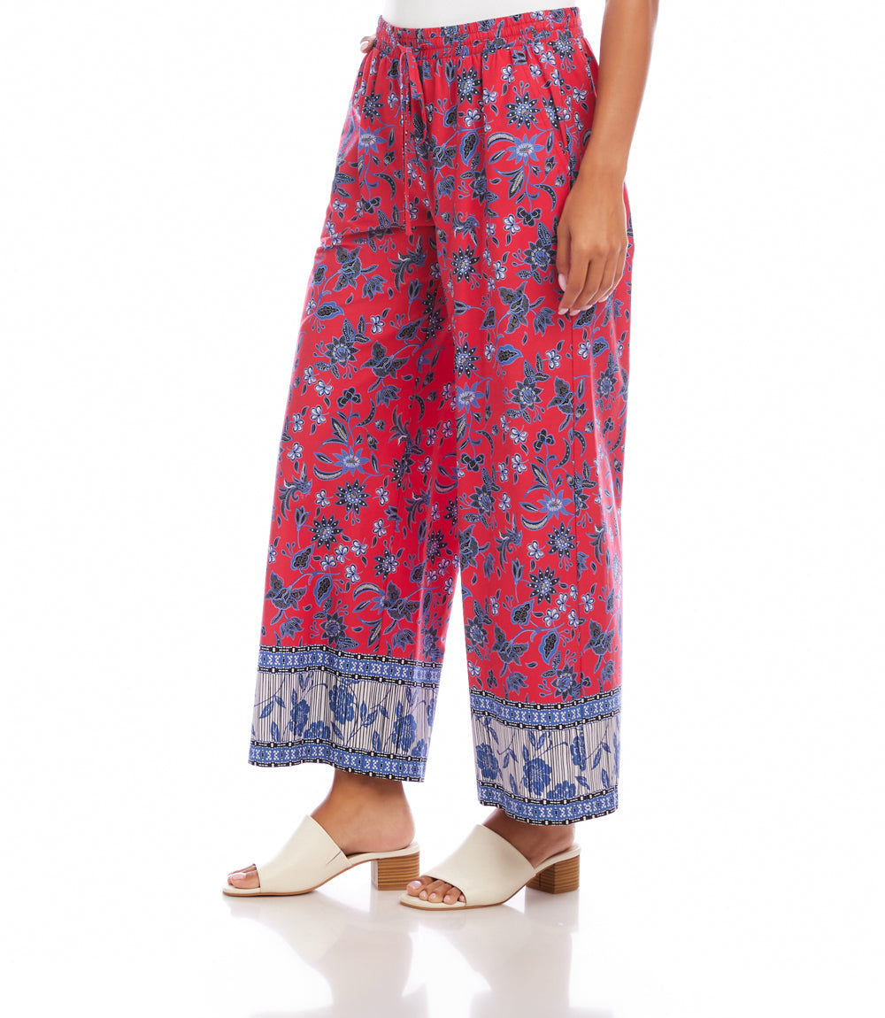 Drawstring Border Print Cropped Pants