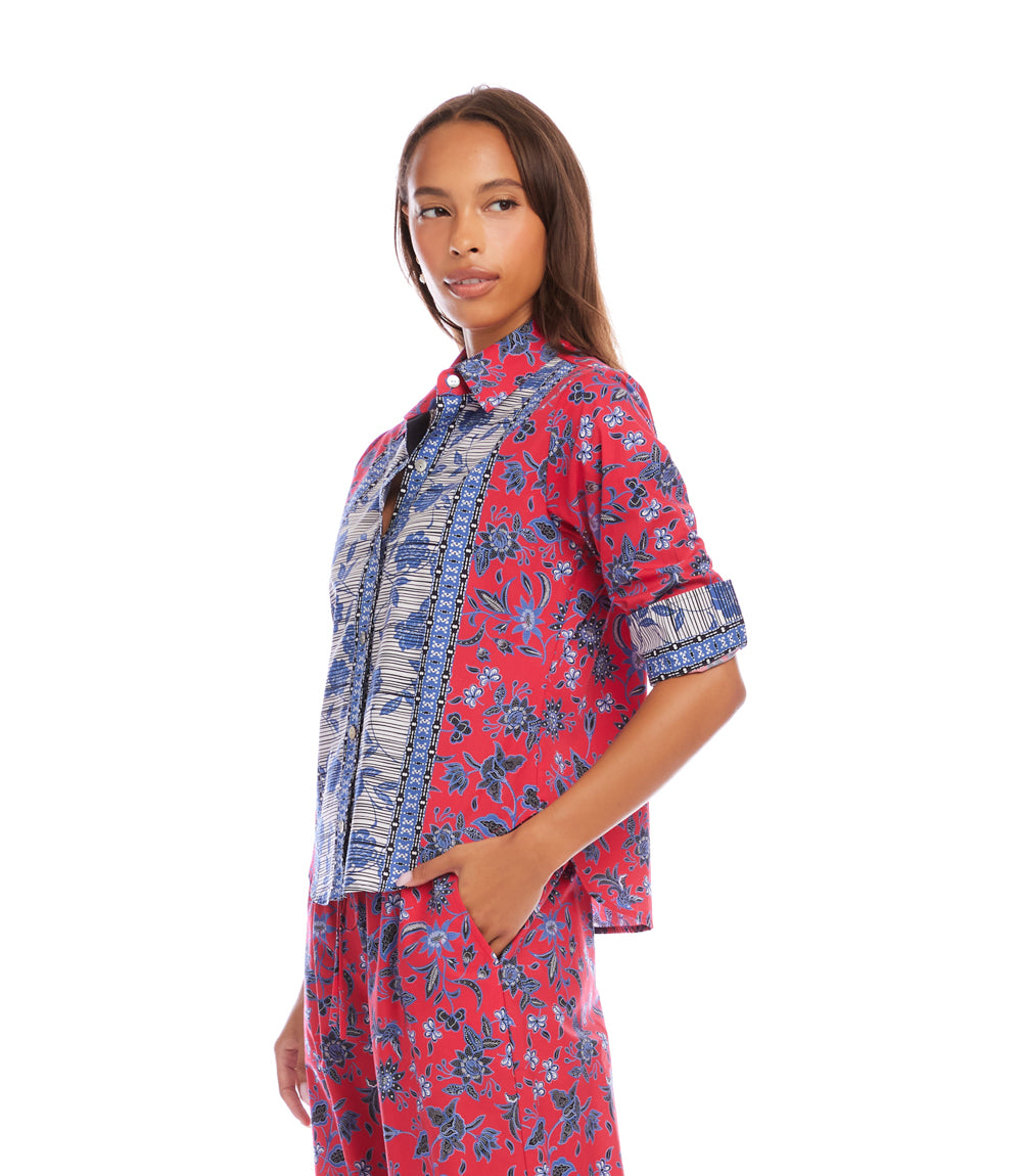 Ruched Sleeve Border Print Shirt