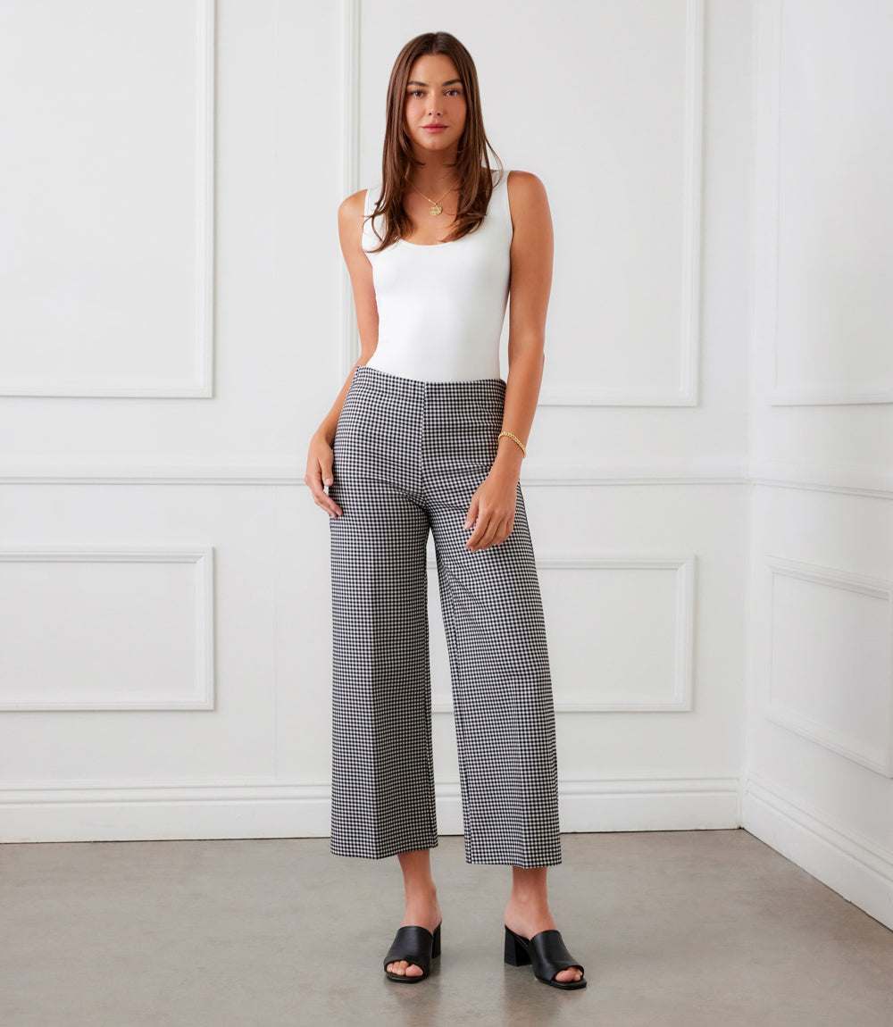 Wide-Leg Pants - Cropped, Check Pattern, Comfortable Stretch Fit