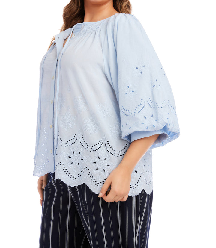 Plus Size Puff Sleeve Embroidered Top