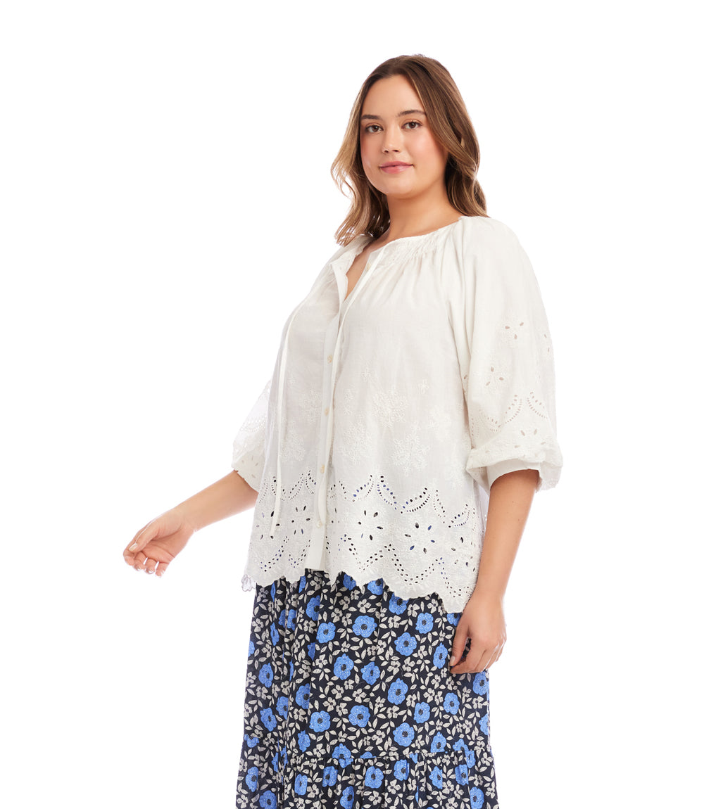 Plus Size Puff Sleeve Embroidered Top