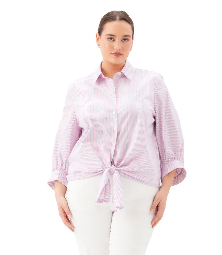 Plus Size Stripe Blouson Sleeve Embellished Tie-Front Top