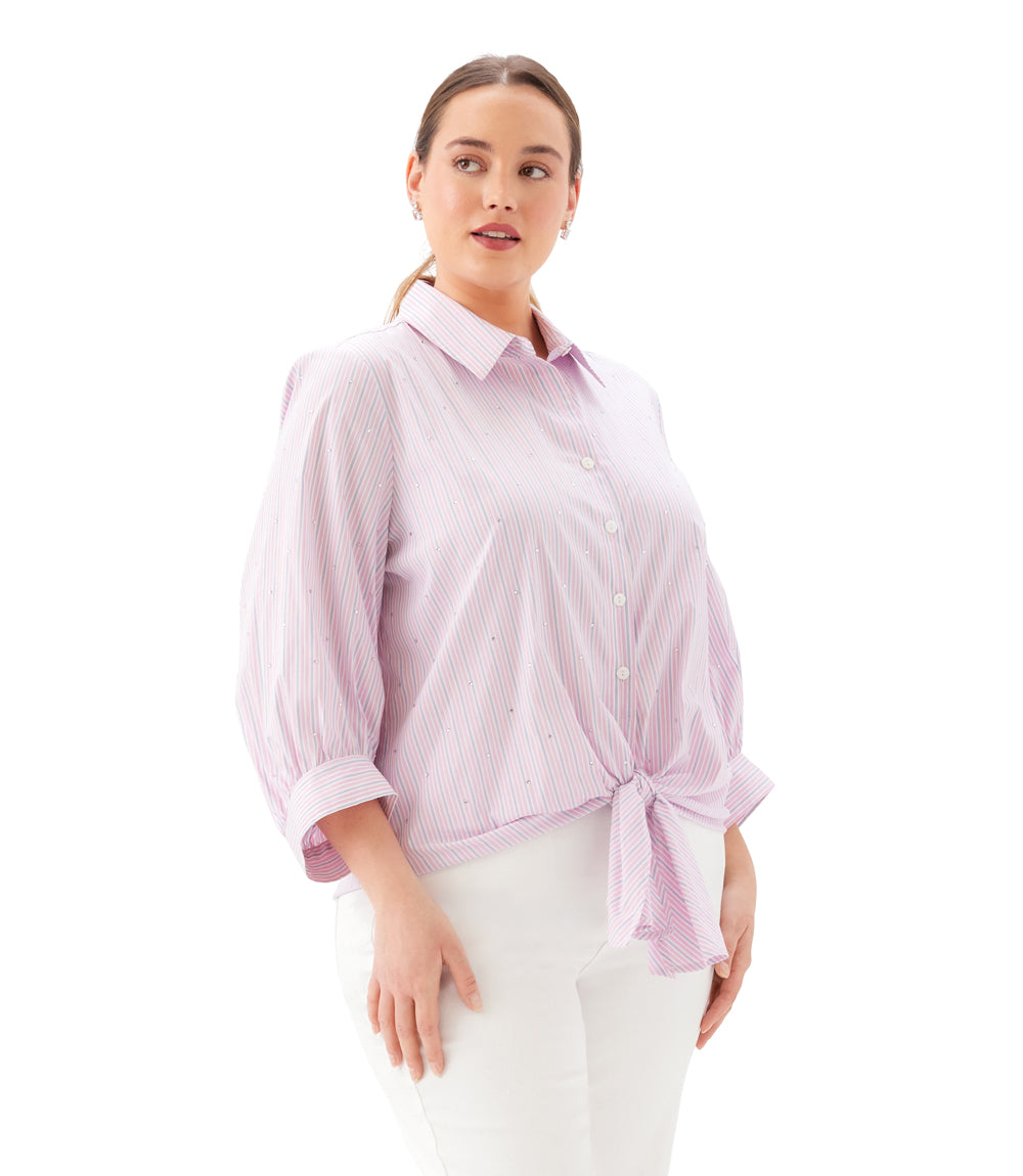 Plus Size Stripe Blouson Sleeve Embellished Tie-Front Top
