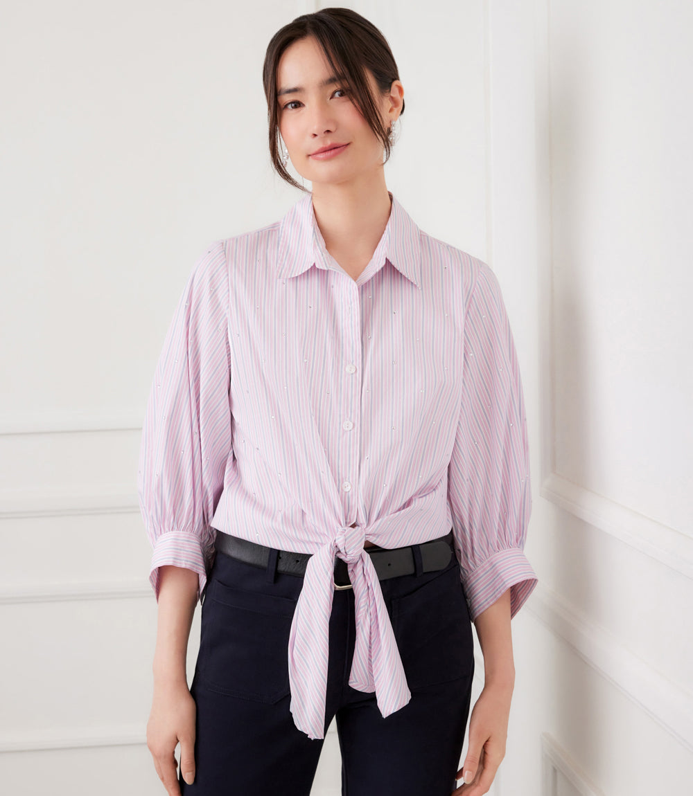 Stripe Blouson Sleeve Embellished Tie-Front Top