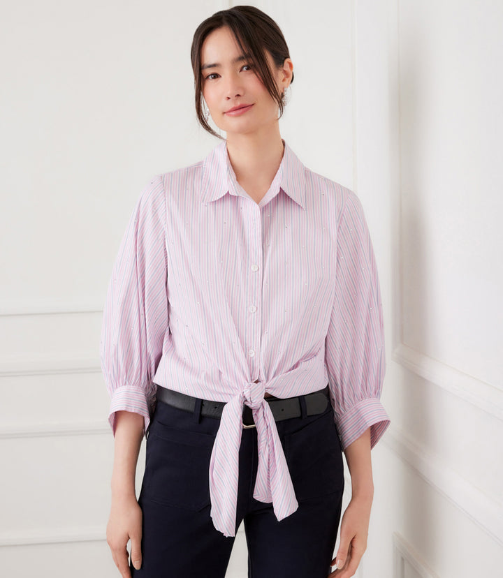 Stripe Blouson Sleeve Embellished Tie-Front Top
