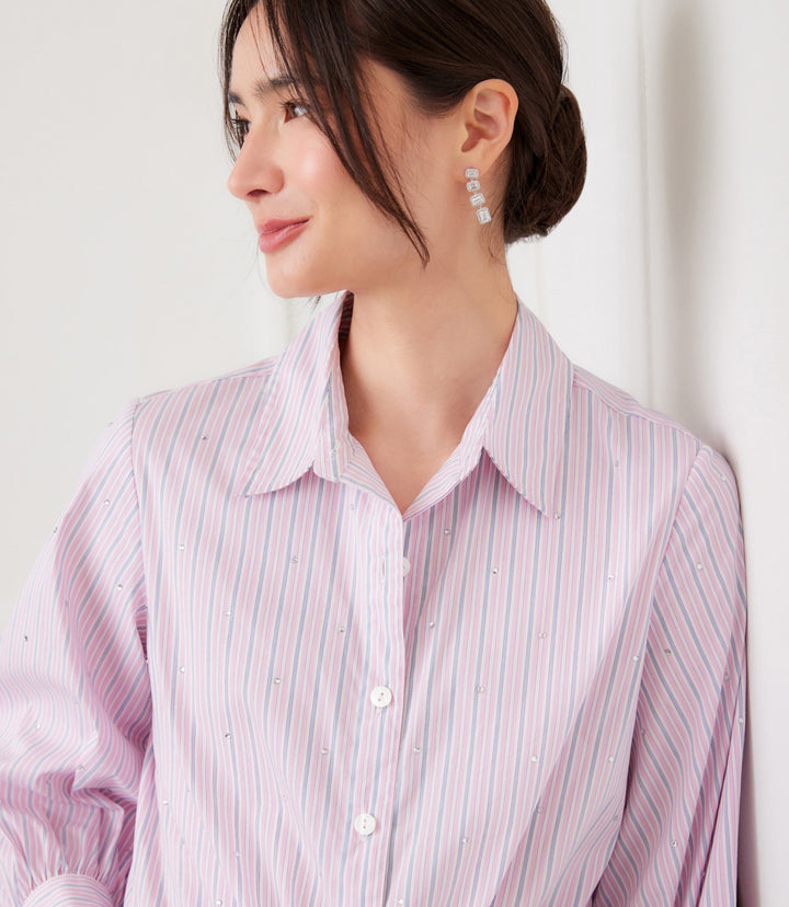 Stripe Blouson Sleeve Embellished Tie-Front Top