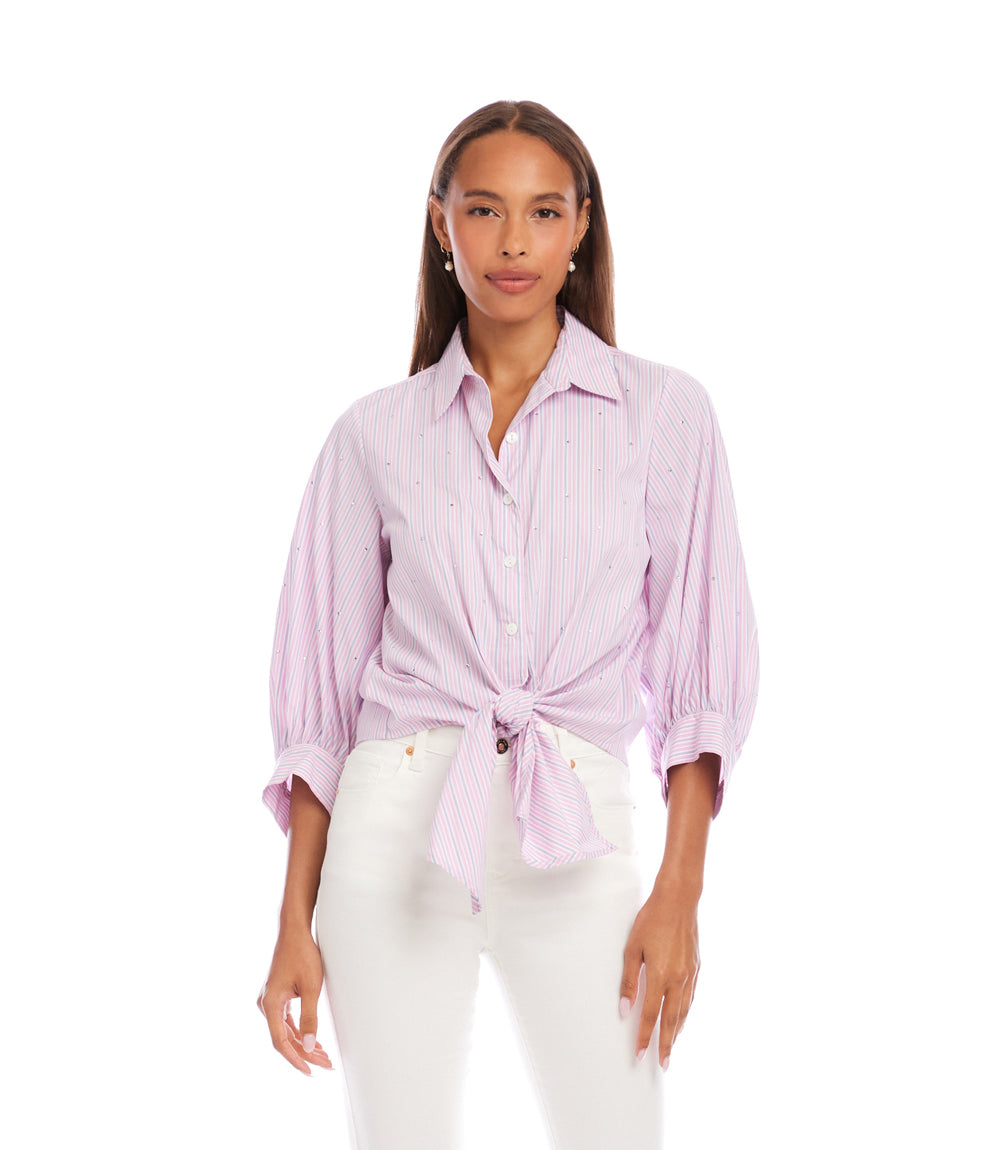 Stripe Blouson Sleeve Embellished Tie-Front Top