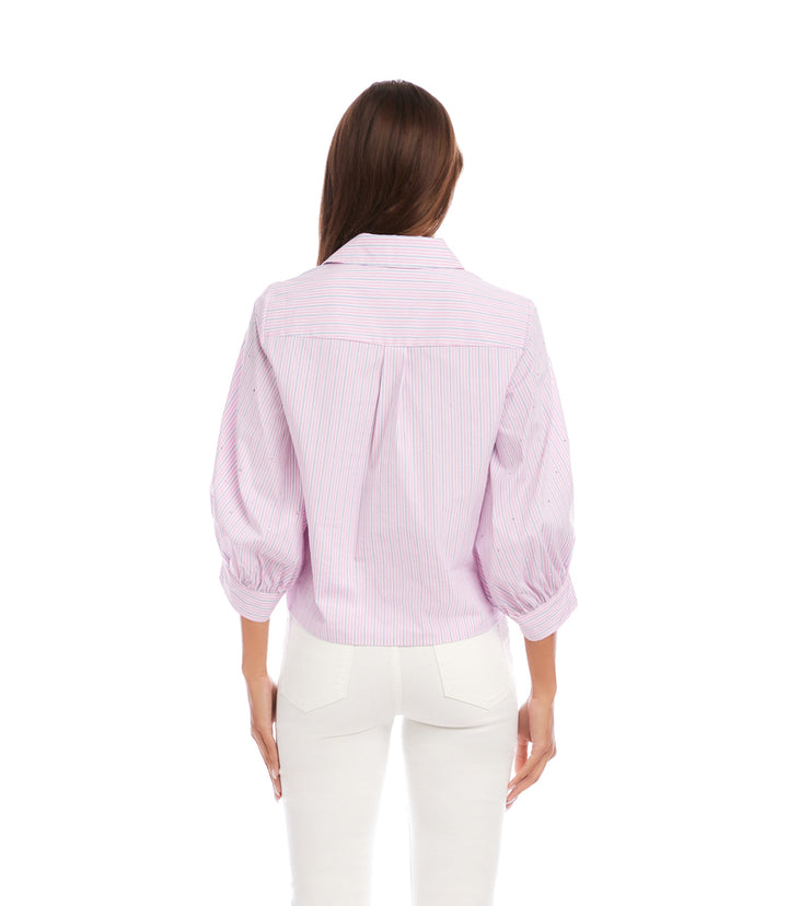Stripe Blouson Sleeve Embellished Tie-Front Top