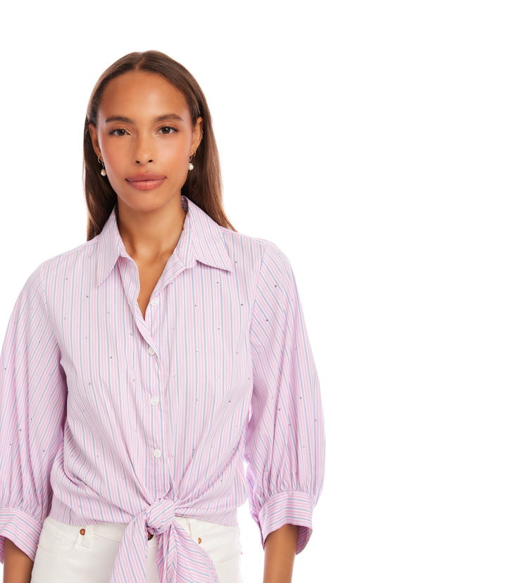 Stripe Blouson Sleeve Embellished Tie-Front Top
