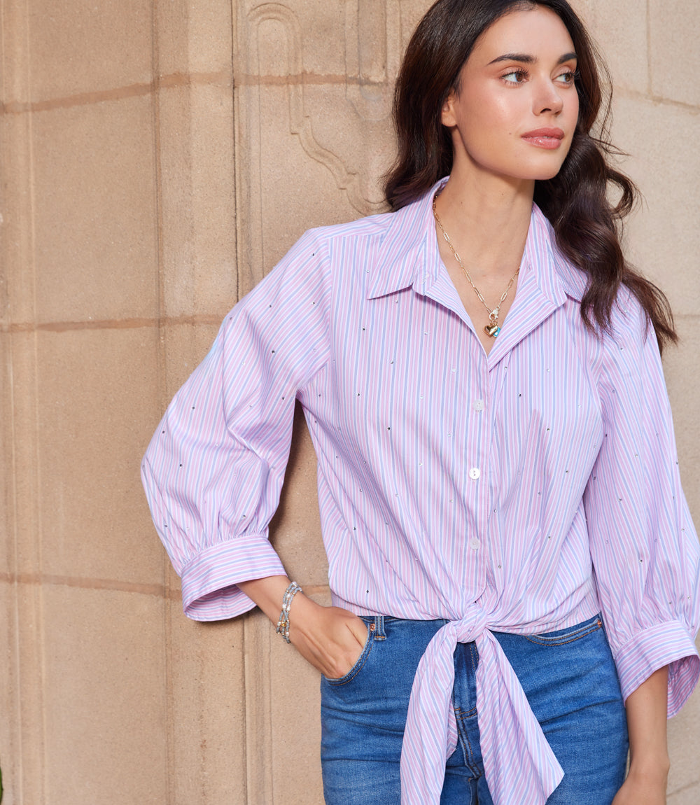 Stripe Blouson Sleeve Embellished Tie-Front Top